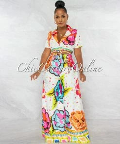 Chic Couture Online Gardenia White Pink Blazer Crop Top & Wide Pants Set JUST IN