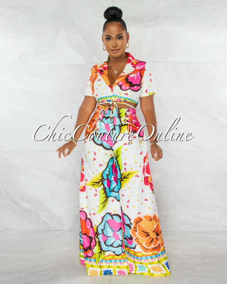 Chic Couture Online Gardenia White Pink Blazer Crop Top & Wide Pants Set JUST IN