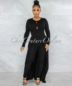Vendor-unknown Landry Black Maxi Slit Top & Leggings Ribbed Set JUST IN