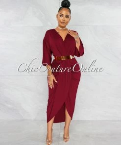 Vendor-unknown Closer Burgundy Red Drape Design Midi Dress JUST IN