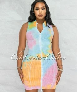 Vendor-unknown Grimes Baby Blue Pink Tie-Dye Zipper Ribbed Dress JUST IN
