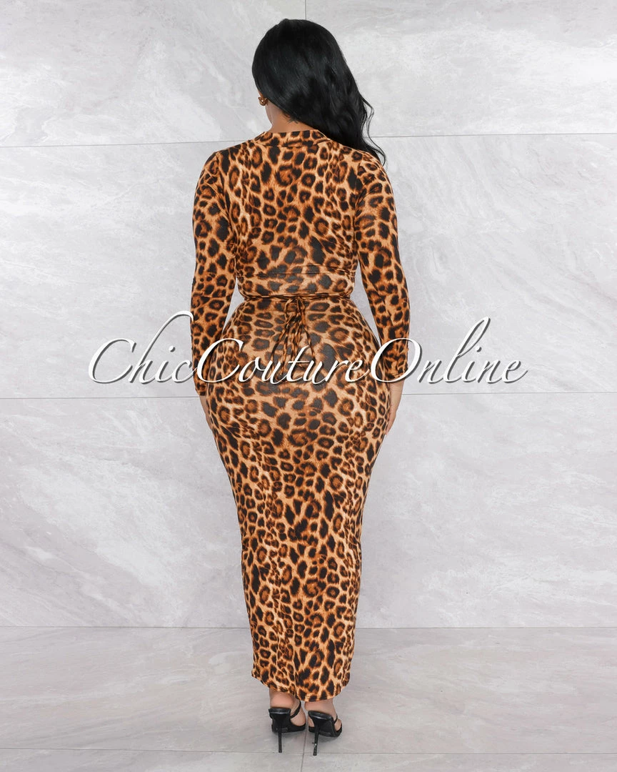 Vendor-unknown JUST IN Hewson Leopard Print Front Cut-Out Lace-Up Maxi Dress
