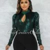 Vendor-unknown JUST IN Sentida Black Teal Sequins Key-Hole Bust Bodysuit