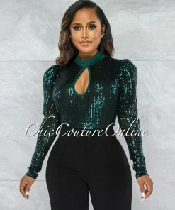 Vendor-unknown JUST IN Sentida Black Teal Sequins Key-Hole Bust Bodysuit