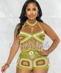 Vendor-unknown JUST IN Hansa Green Brown Crochet Cover-Up Shorts Set