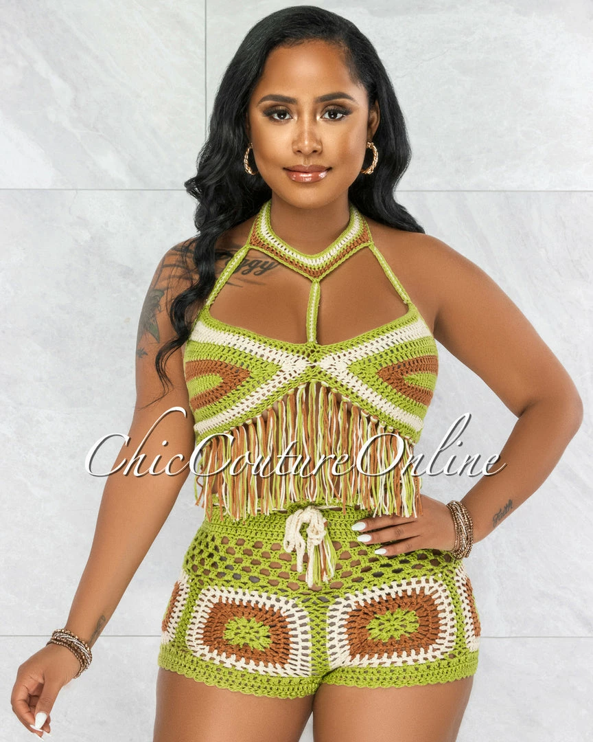 Vendor-unknown JUST IN Hansa Green Brown Crochet Cover-Up Shorts Set