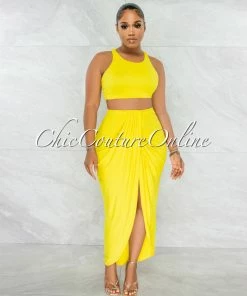 Chic Couture Online Klein Yellow Crop Racer Top & Draped Slit Maxi Skirt Set JUST IN