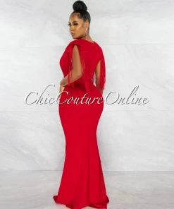 Chic Couture Online Orane Red Fringe Shoulders Semi-Mermaid Maxi Dress JUST IN