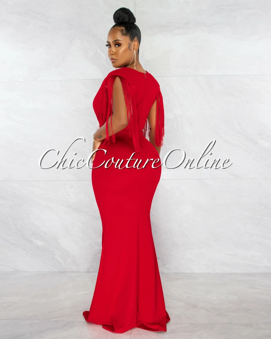 Chic Couture Online Orane Red Fringe Shoulders Semi-Mermaid Maxi Dress JUST IN
