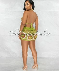 Vendor-unknown JUST IN Hansa Green Brown Crochet Cover-Up Shorts Set
