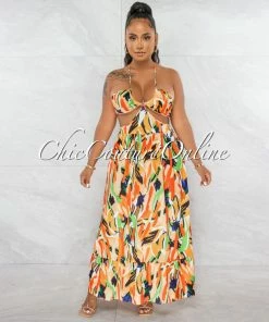 Chic Couture Online Karol Orange Multi-Color Print Halter Cut-Out Maxi Dress