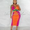 Chic Couture Online Lauryn Green Orange Magenta Block Color Ruched Midi Dress