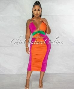 Chic Couture Online Lauryn Green Orange Magenta Block Color Ruched Midi Dress