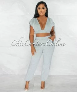 Chic Couture Online JUST IN Tendai Grey Silver Snaps Straps Crop Top & Joggers Set