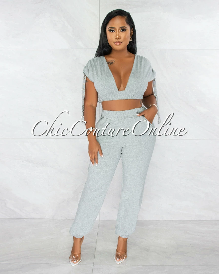Chic Couture Online JUST IN Tendai Grey Silver Snaps Straps Crop Top & Joggers Set