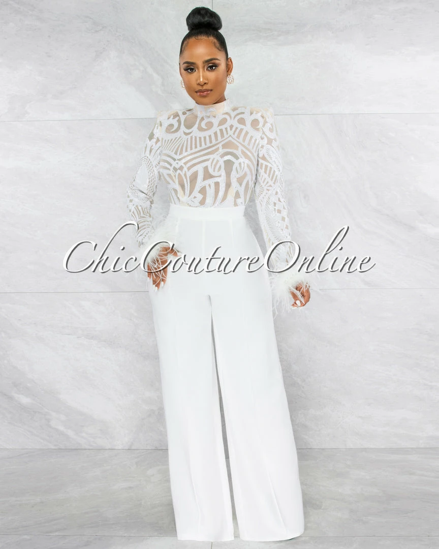 Vendor-unknown JUST IN Prado Off-White Sequins Sheer Top Feather Cuffs Jumpsuit