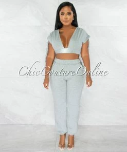 Chic Couture Online JUST IN Tendai Grey Silver Snaps Straps Crop Top & Joggers Set