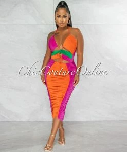 Chic Couture Online Lauryn Green Orange Magenta Block Color Ruched Midi Dress
