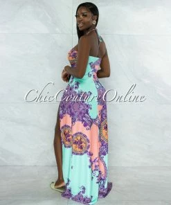 Vendor-unknown JUST IN Isidore Mint Purple O-Ring Double Slit Bodysuit Maxi Dress