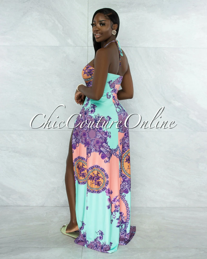 Vendor-unknown JUST IN Isidore Mint Purple O-Ring Double Slit Bodysuit Maxi Dress