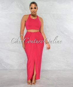 Chic Couture Online Klein Fuchsia Crop Racer Top & Draped Slit Maxi Skirt Set JUST IN