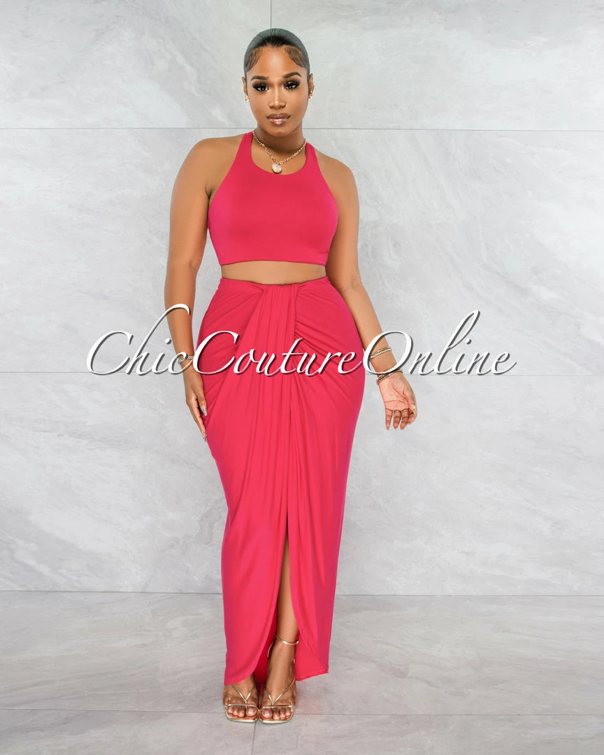 Chic Couture Online Klein Fuchsia Crop Racer Top & Draped Slit Maxi Skirt Set JUST IN