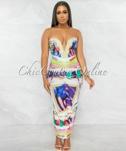 Vendor-unknown Muriel Ivory Multi-Color Print Crop Top & Ruched Skirt Set