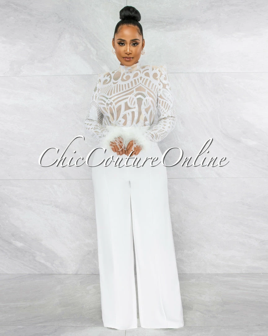 Vendor-unknown JUST IN Prado Off-White Sequins Sheer Top Feather Cuffs Jumpsuit