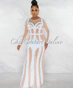 Chic Couture Online Pretine Nude White Iridescent Sequins Trim Dress JUST IN