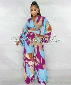 Chic Couture Online JUST IN Betsy Purple Blue Olive Print Tie Top & Wide Pants Set
