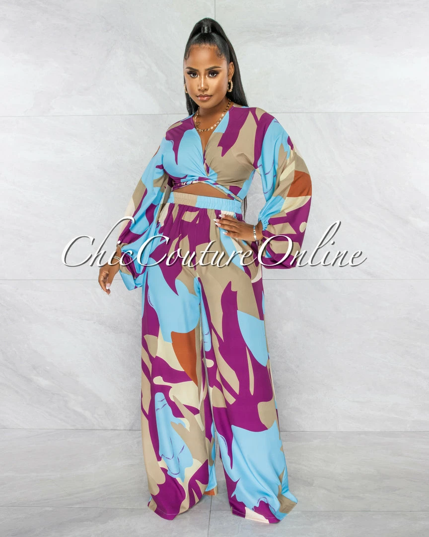 Chic Couture Online JUST IN Betsy Purple Blue Olive Print Tie Top & Wide Pants Set