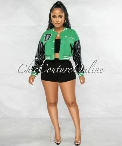 Vendor-unknown Beyond Green Black Faux Leather Sleeves Varsity Jacket JUST IN