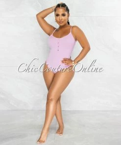 Vendor-unknown JUST IN Attiyah Bubblegum Pink Ribbed Gold Accent Bodysuit