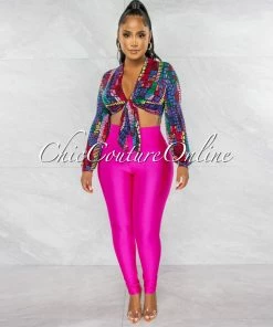 Chic Couture Online Daisy Black Multi-Color Print Tie Top & Hot Pink Leggings Set JUST IN