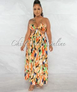Chic Couture Online Karol Orange Multi-Color Print Halter Cut-Out Maxi Dress