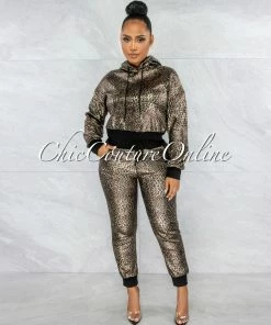 Vendor-unknown JUST IN Simonet Black Gold Leopard Shimmer Jogger & Hoodie Set