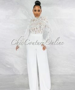 Vendor-unknown JUST IN Prado Off-White Sequins Sheer Top Feather Cuffs Jumpsuit