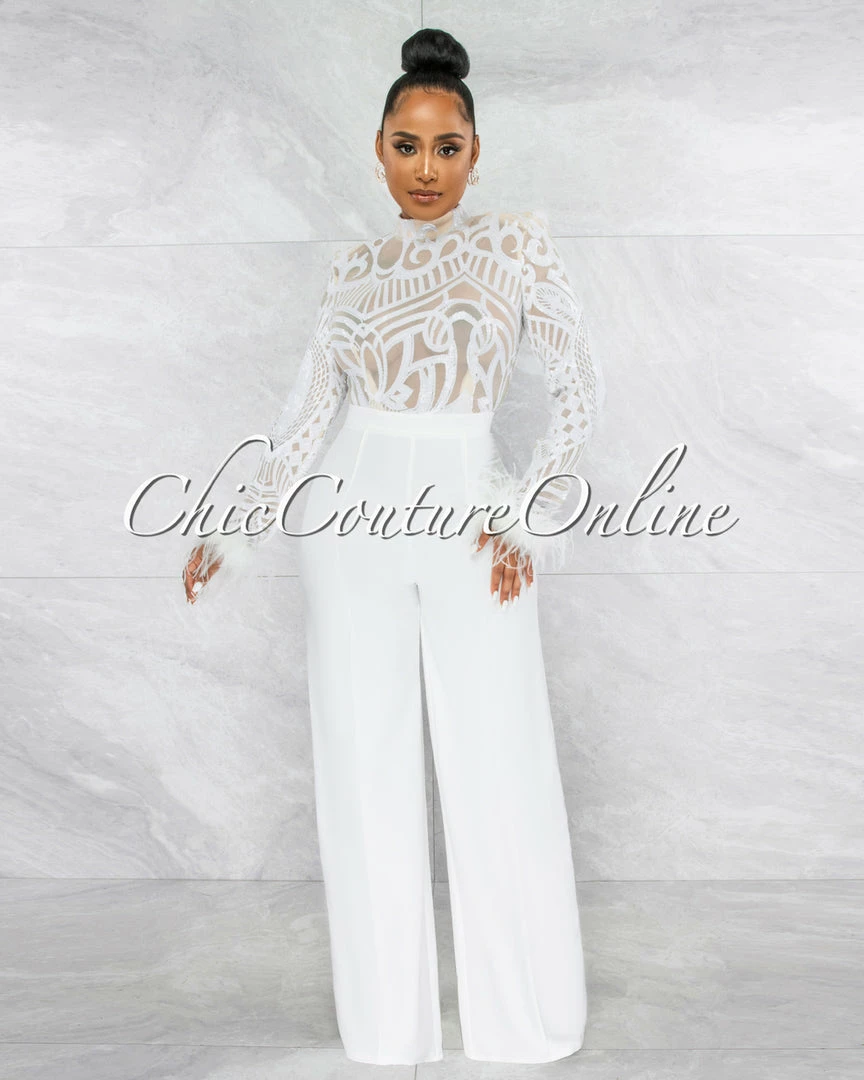 Vendor-unknown JUST IN Prado Off-White Sequins Sheer Top Feather Cuffs Jumpsuit