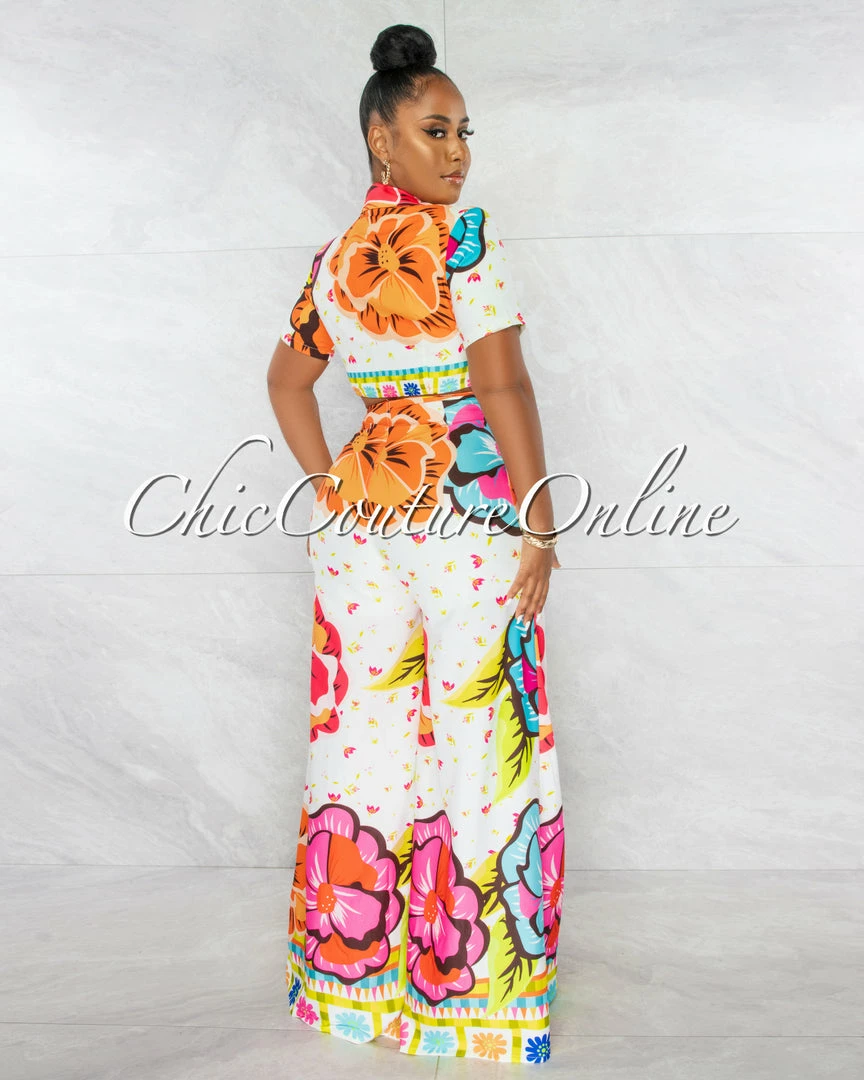 Chic Couture Online Gardenia White Pink Blazer Crop Top & Wide Pants Set JUST IN
