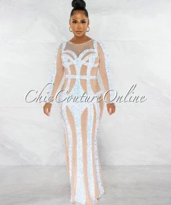 Chic Couture Online Pretine Nude White Iridescent Sequins Trim Dress JUST IN