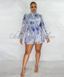 Chic Couture Online Mandie Periwinkle Floral Pearl Bottons Thin Belt Romper JUST IN