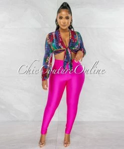 Chic Couture Online Daisy Black Multi-Color Print Tie Top & Hot Pink Leggings Set JUST IN