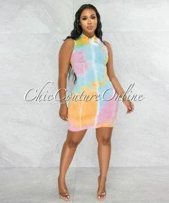 Vendor-unknown Grimes Baby Blue Pink Tie-Dye Zipper Ribbed Dress JUST IN