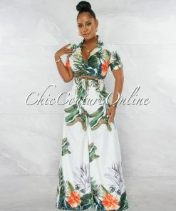 Chic Couture Online JUST IN Alyssa White Green Blazer Crop Top & Wide Pants Set