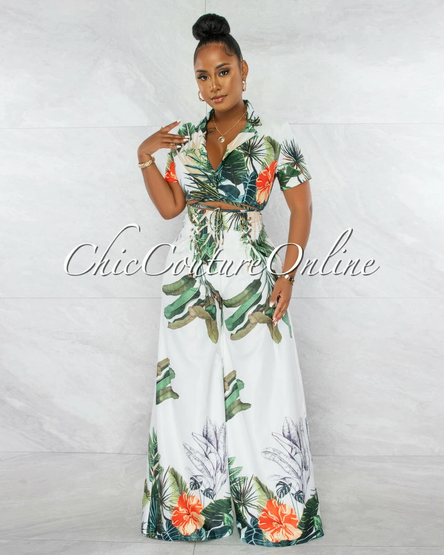 Chic Couture Online JUST IN Alyssa White Green Blazer Crop Top & Wide Pants Set
