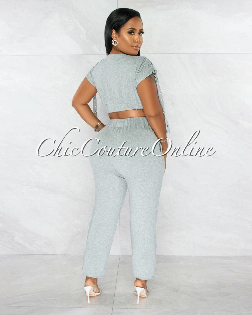 Chic Couture Online JUST IN Tendai Grey Silver Snaps Straps Crop Top & Joggers Set