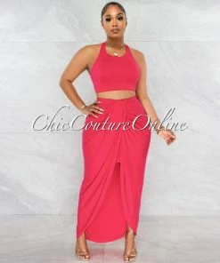 Chic Couture Online Klein Fuchsia Crop Racer Top & Draped Slit Maxi Skirt Set JUST IN