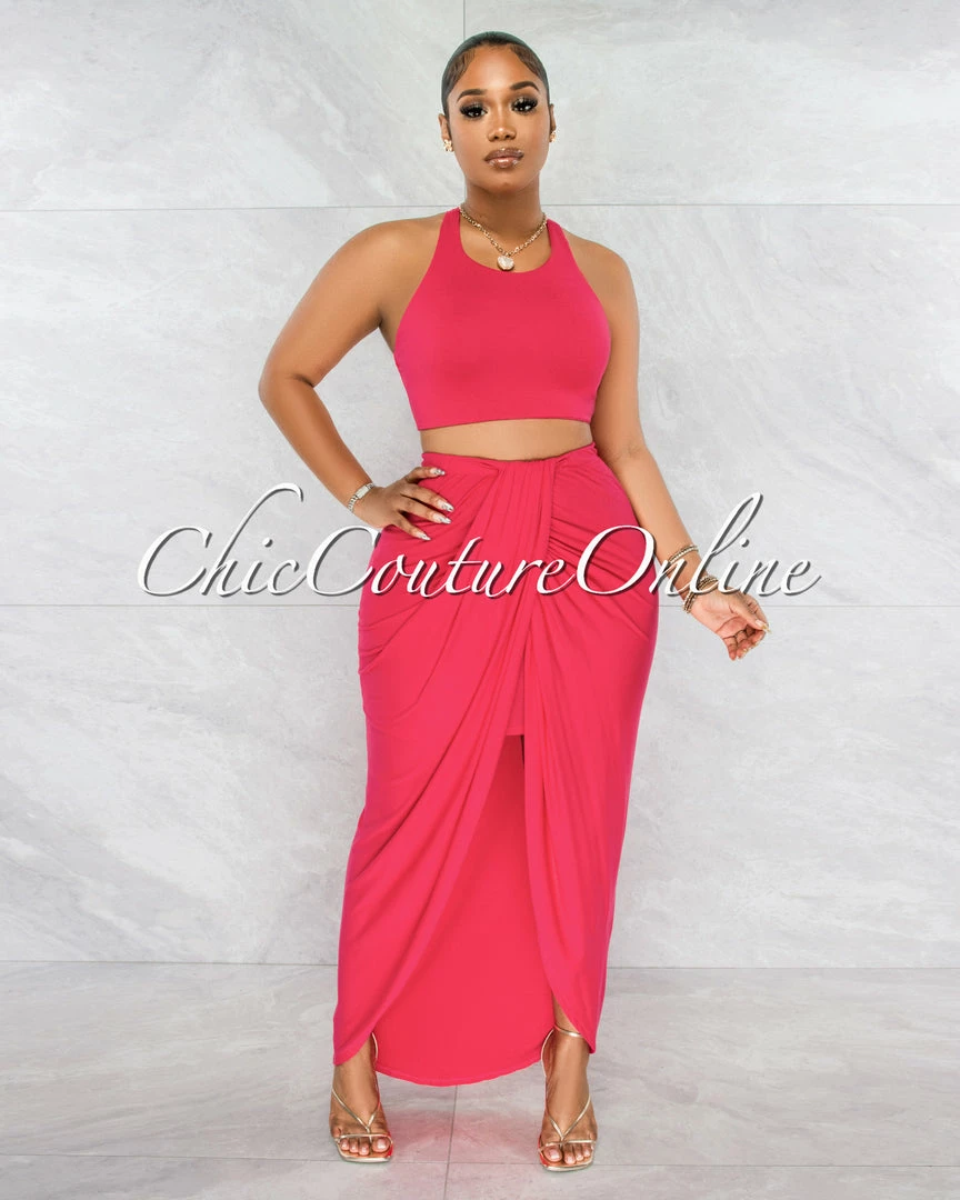 Chic Couture Online Klein Fuchsia Crop Racer Top & Draped Slit Maxi Skirt Set JUST IN