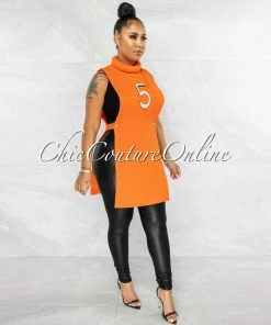 Vendor-unknown JUST IN Margate Orange #5 Turtle Neck Open Sides Long Top