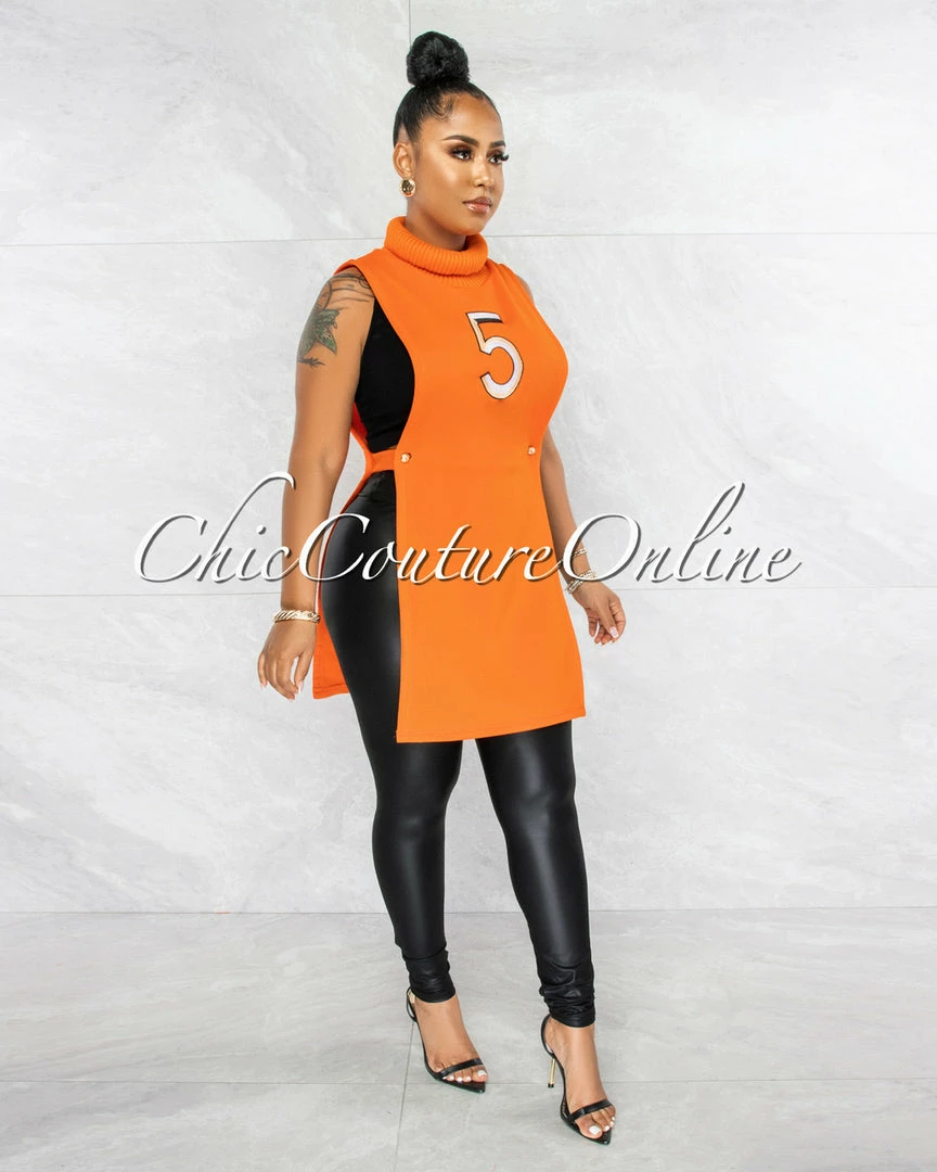 Vendor-unknown JUST IN Margate Orange #5 Turtle Neck Open Sides Long Top